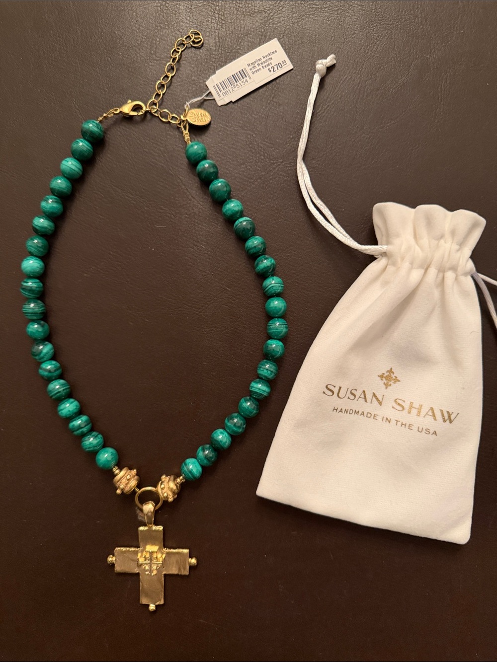 Susan Shaw Magellan Cross necklace, featuring genuine Green Malachite Beads